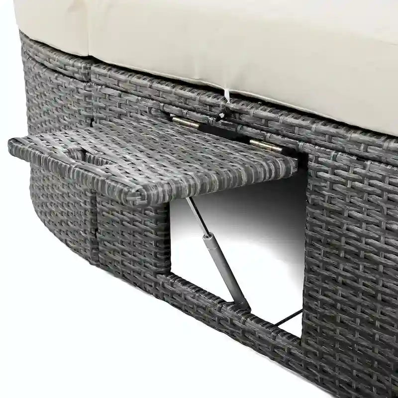 Lit de jour de terrasse en rotin avec coussins, méridienne inclinable, plateaux pliables