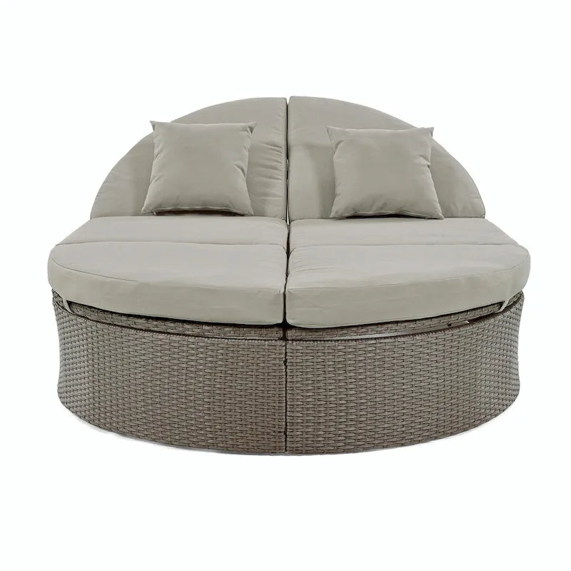 Lit de jour de terrasse en rotin avec coussins, méridienne inclinable, plateaux pliables