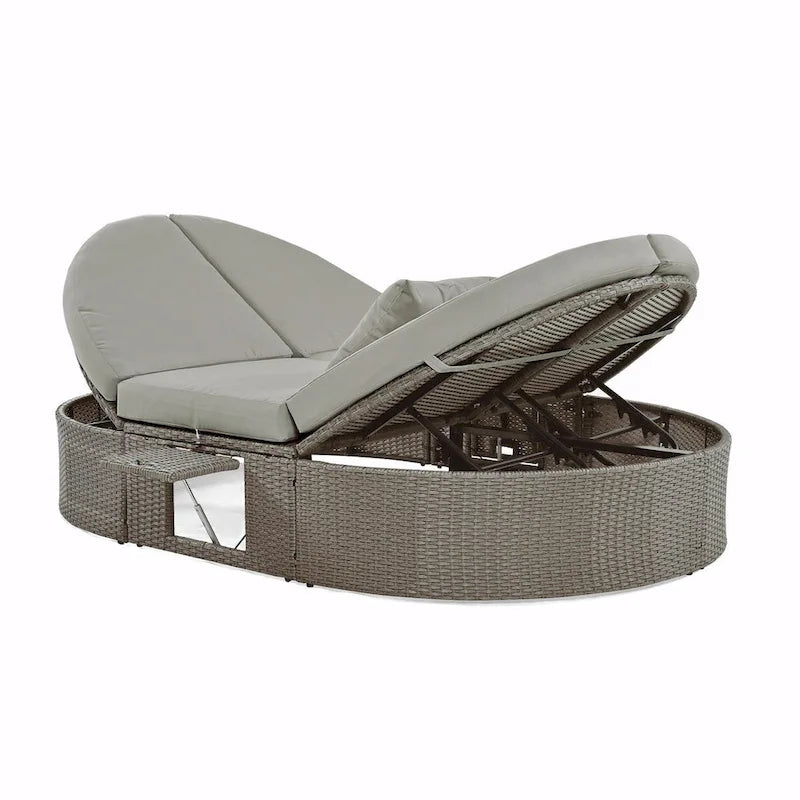 Lit de jour de terrasse en rotin avec coussins, méridienne inclinable, plateaux pliables