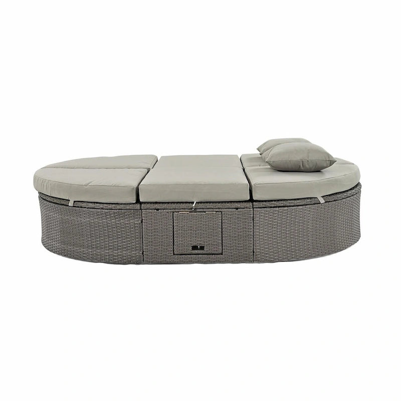 Lit de jour de terrasse en rotin avec coussins, méridienne inclinable, plateaux pliables