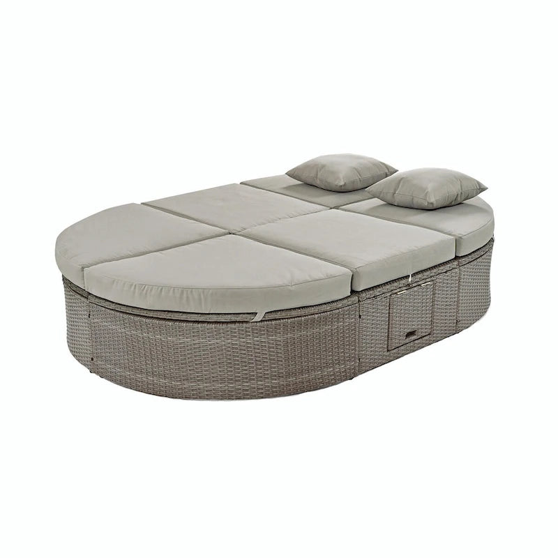Lit de jour de terrasse en rotin avec coussins, méridienne inclinable, plateaux pliables