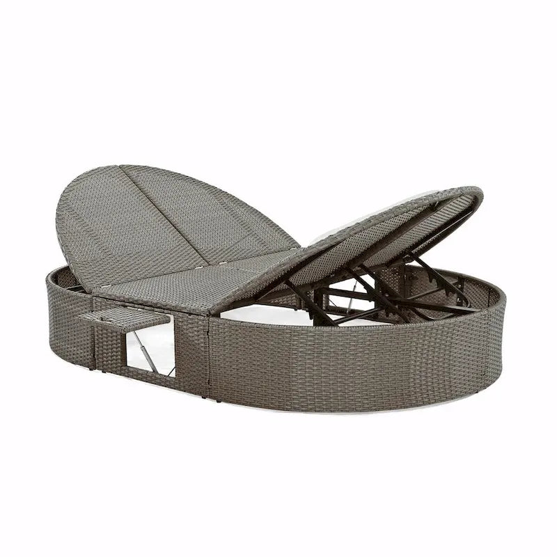 Lit de jour de terrasse en rotin avec coussins, méridienne inclinable, plateaux pliables
