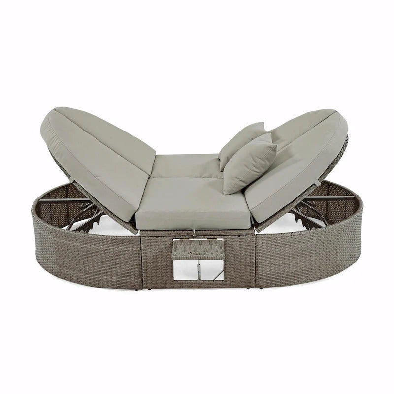 Lit de jour de terrasse en rotin avec coussins, méridienne inclinable, plateaux pliables
