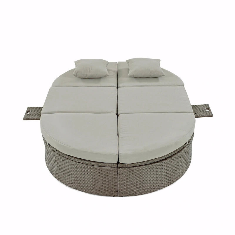 Lit de jour de terrasse en rotin avec coussins, méridienne inclinable, plateaux pliables