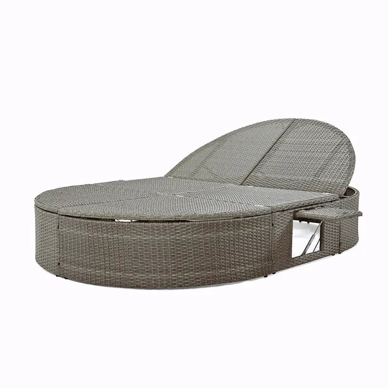 Lit de jour de terrasse en rotin avec coussins, méridienne inclinable, plateaux pliables