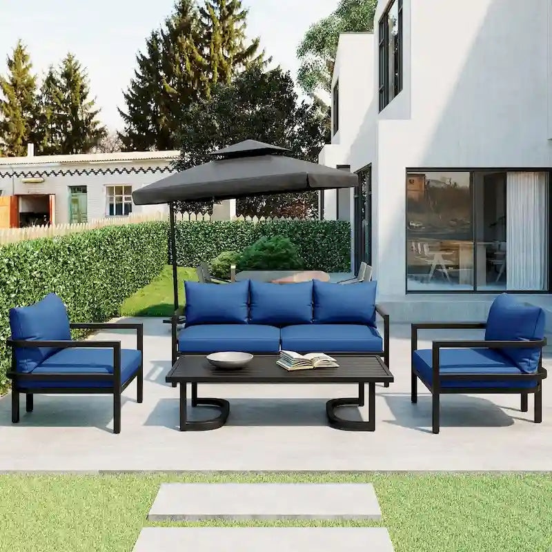 Ensemble de patio d'extérieur en acier 4 pièces avec table et coussins