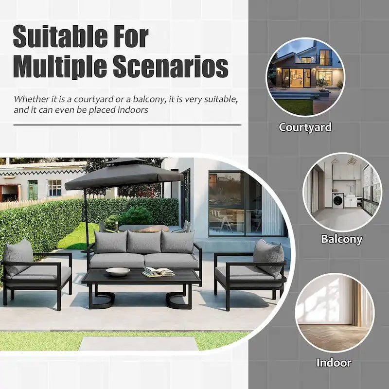 Ensemble de patio d'extérieur en acier 4 pièces avec table et coussins