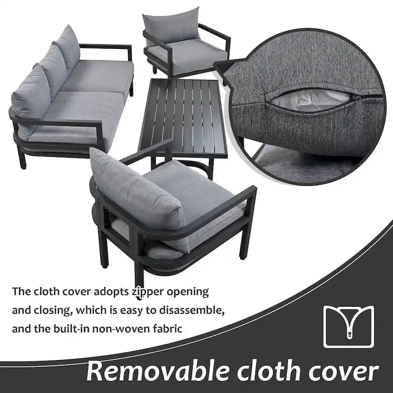 Ensemble de patio d'extérieur en acier 4 pièces avec table et coussins