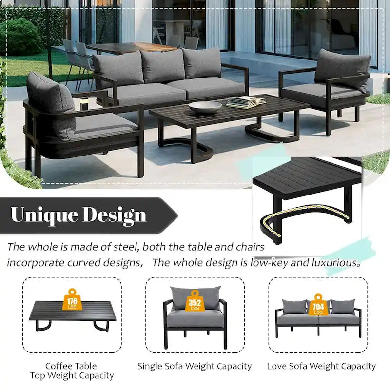 Ensemble de patio d'extérieur en acier 4 pièces avec table et coussins