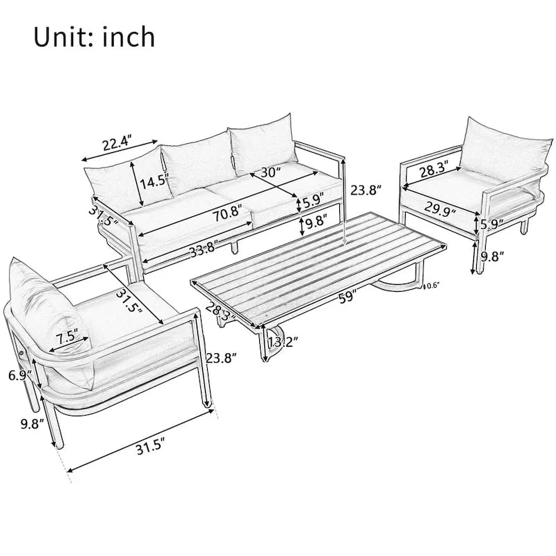 Ensemble de patio d'extérieur en acier 4 pièces avec table et coussins