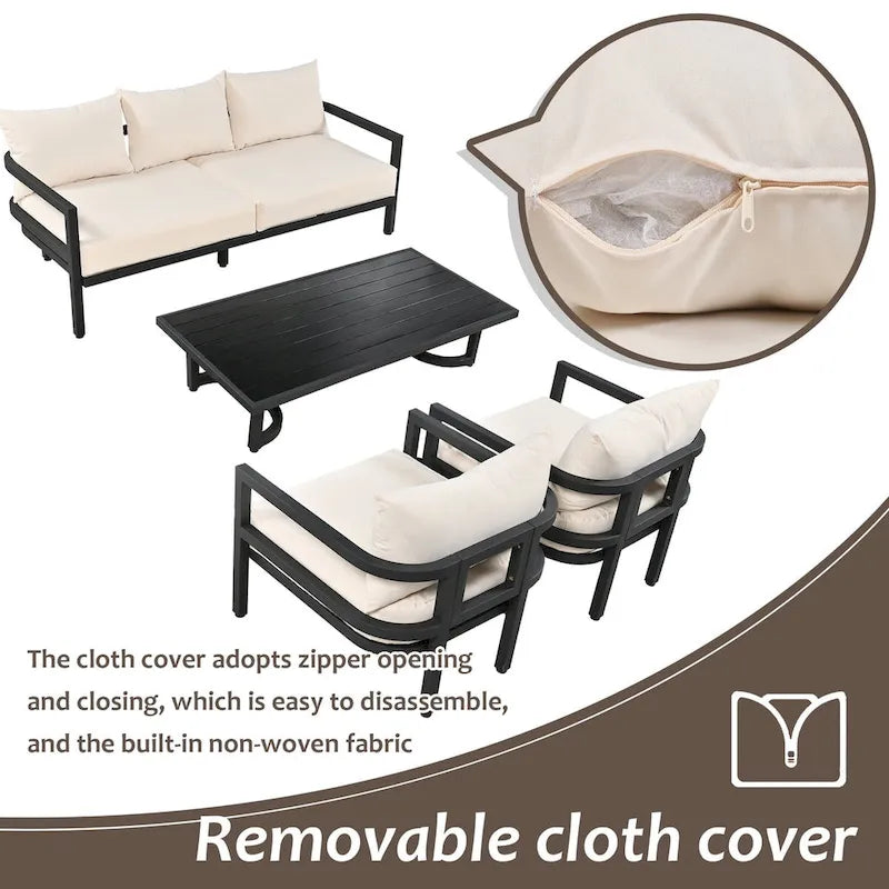 Ensemble de patio d'extérieur en acier 4 pièces avec table et coussins