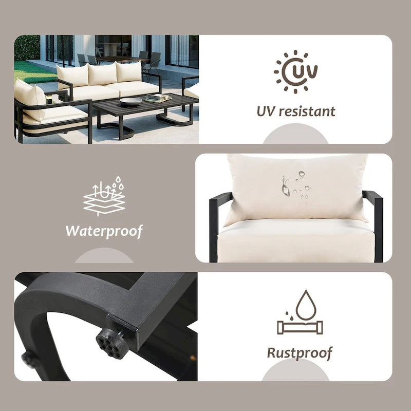 Ensemble de patio d'extérieur en acier 4 pièces avec table et coussins
