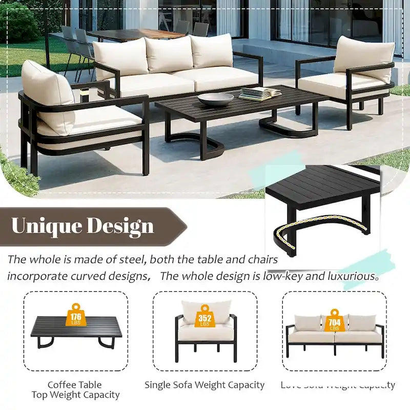 Ensemble de patio d'extérieur en acier 4 pièces avec table et coussins
