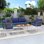 Ensemble de mobilier de jardin bohème en corde 4 pièces : salon de jardin avec table en bois d’acacia et coussins épais