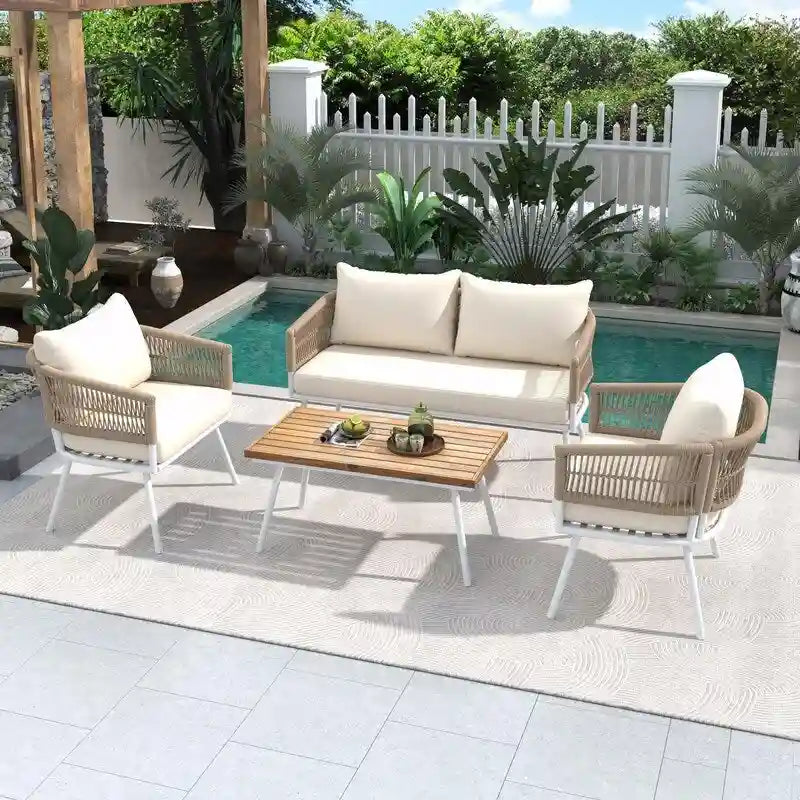 Ensemble de mobilier de jardin bohème en corde 4 pièces : salon de jardin avec table en bois d’acacia et coussins épais