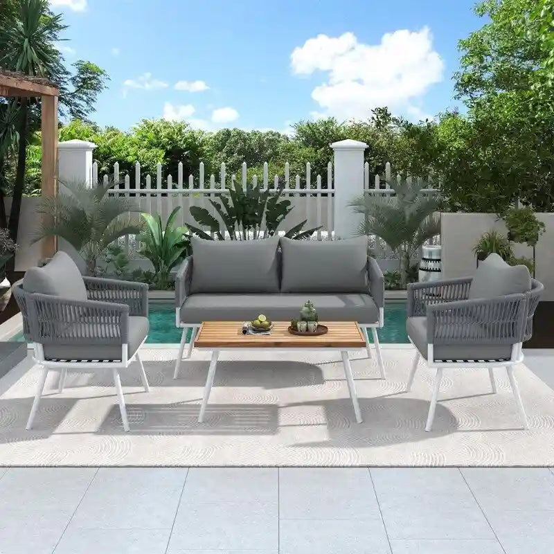 Ensemble de mobilier de jardin bohème en corde 4 pièces : salon de jardin avec table en bois d’acacia et coussins épais