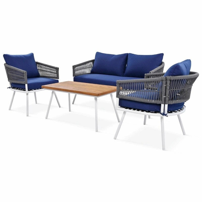 Ensemble de mobilier de jardin bohème en corde 4 pièces : salon de jardin avec table en bois d’acacia et coussins épais