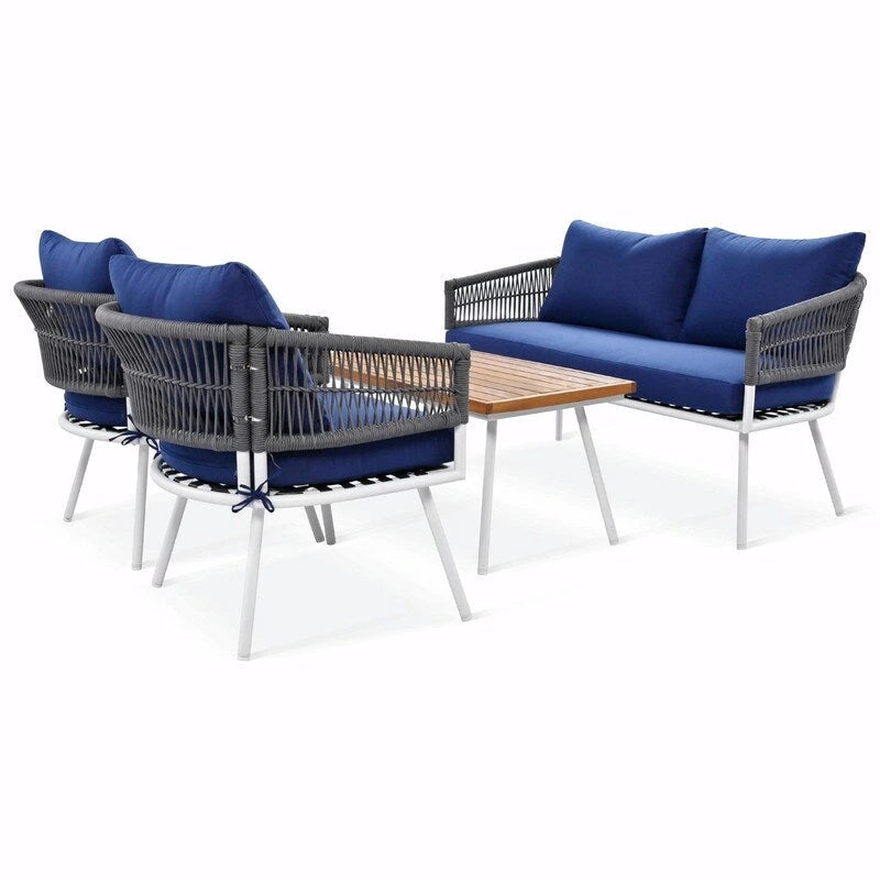 Ensemble de mobilier de jardin bohème en corde 4 pièces : salon de jardin avec table en bois d’acacia et coussins épais