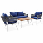 Ensemble de mobilier de jardin bohème en corde 4 pièces : salon de jardin avec table en bois d’acacia et coussins épais