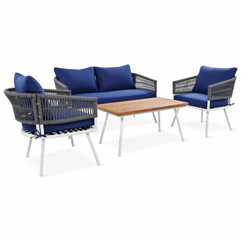 Ensemble de mobilier de jardin bohème en corde 4 pièces : salon de jardin avec table en bois d’acacia et coussins épais