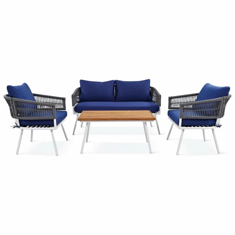 Ensemble de mobilier de jardin bohème en corde 4 pièces : salon de jardin avec table en bois d’acacia et coussins épais
