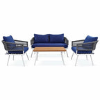 Ensemble de mobilier de jardin bohème en corde 4 pièces : salon de jardin avec table en bois d’acacia et coussins épais
