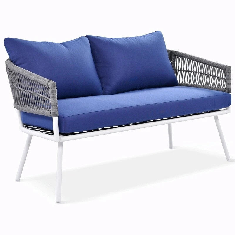 Ensemble de mobilier de jardin bohème en corde 4 pièces : salon de jardin avec table en bois d’acacia et coussins épais