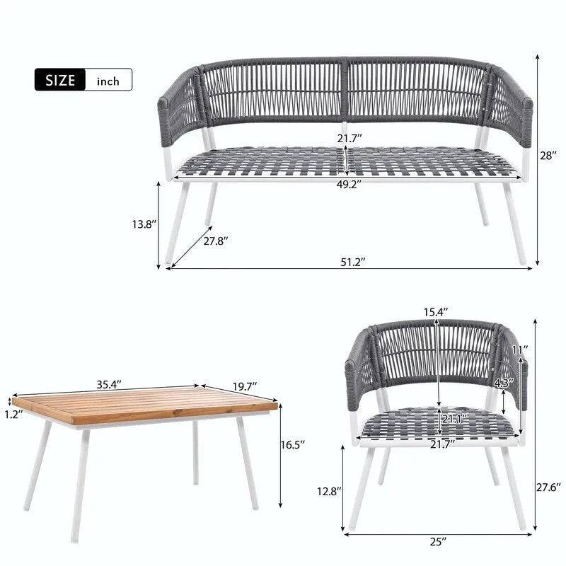 Ensemble de mobilier de jardin bohème en corde 4 pièces : salon de jardin avec table en bois d’acacia et coussins épais