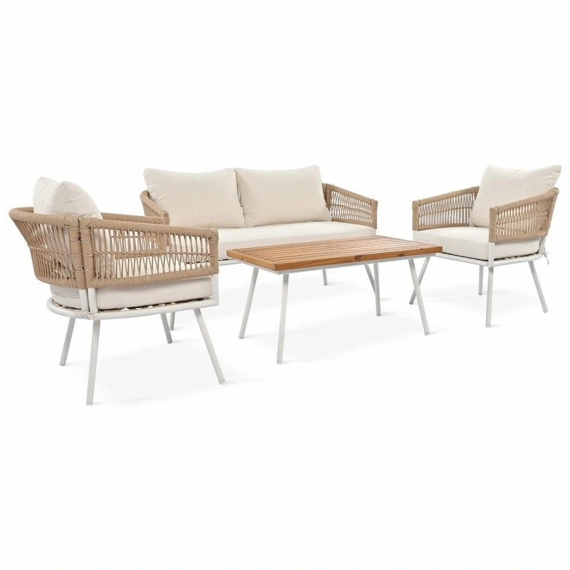 Ensemble de mobilier de jardin bohème en corde 4 pièces : salon de jardin avec table en bois d’acacia et coussins épais