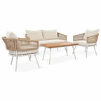 Ensemble de mobilier de jardin bohème en corde 4 pièces : salon de jardin avec table en bois d’acacia et coussins épais