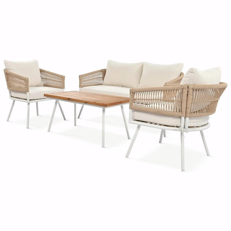 Ensemble de mobilier de jardin bohème en corde 4 pièces : salon de jardin avec table en bois d’acacia et coussins épais