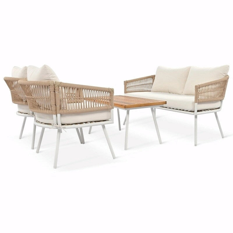 Ensemble de mobilier de jardin bohème en corde 4 pièces : salon de jardin avec table en bois d’acacia et coussins épais