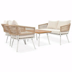 Ensemble de mobilier de jardin bohème en corde 4 pièces : salon de jardin avec table en bois d’acacia et coussins épais