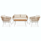 Ensemble de mobilier de jardin bohème en corde 4 pièces : salon de jardin avec table en bois d’acacia et coussins épais