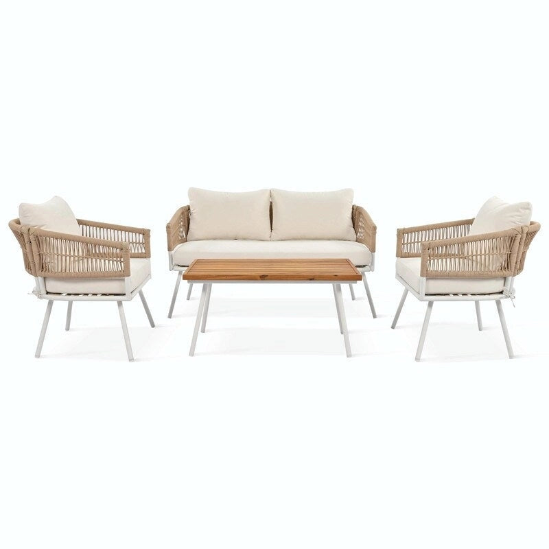 Ensemble de mobilier de jardin bohème en corde 4 pièces : salon de jardin avec table en bois d’acacia et coussins épais