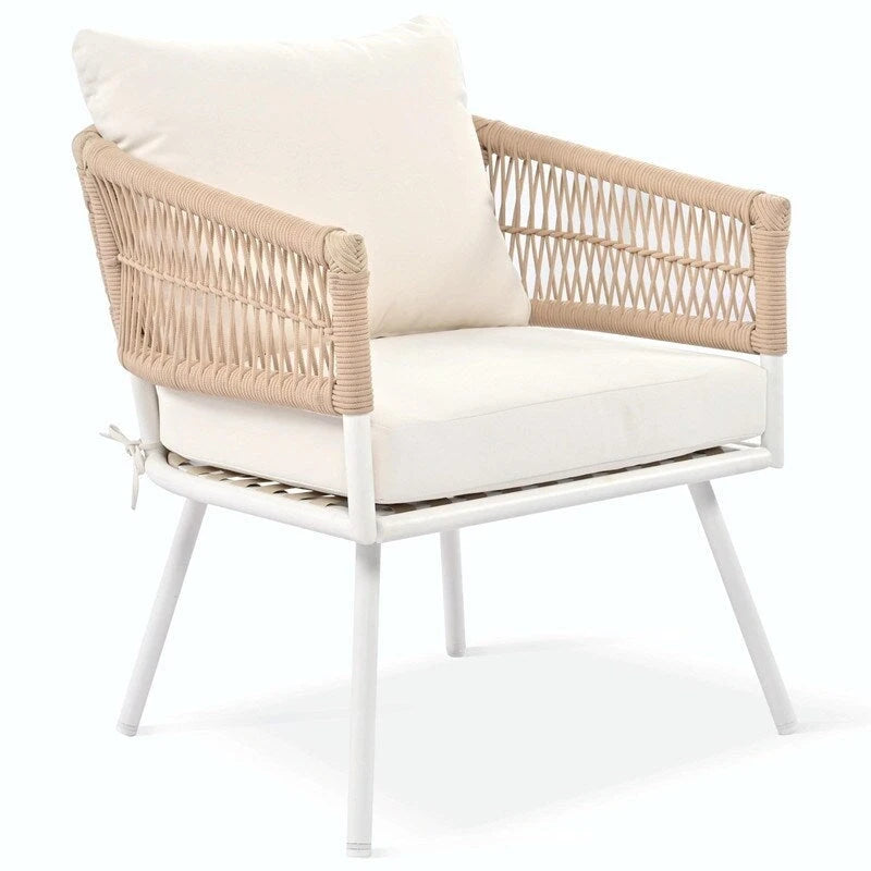 Ensemble de mobilier de jardin bohème en corde 4 pièces : salon de jardin avec table en bois d’acacia et coussins épais
