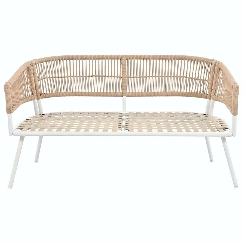 Ensemble de mobilier de jardin bohème en corde 4 pièces : salon de jardin avec table en bois d’acacia et coussins épais