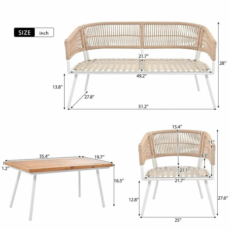 Ensemble de mobilier de jardin bohème en corde 4 pièces : salon de jardin avec table en bois d’acacia et coussins épais
