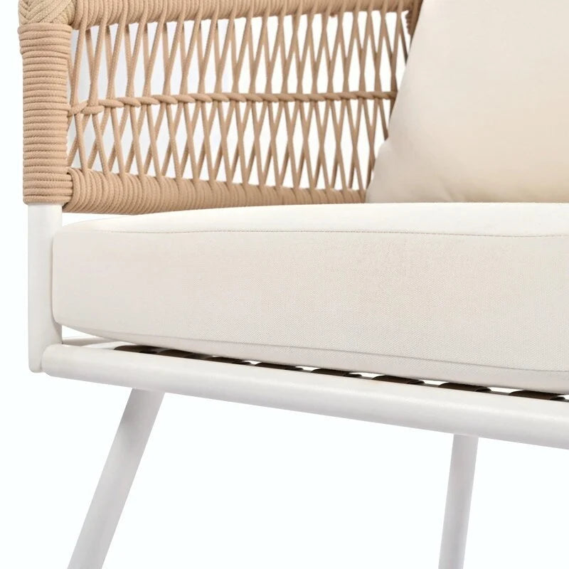 Ensemble de mobilier de jardin bohème en corde 4 pièces : salon de jardin avec table en bois d’acacia et coussins épais