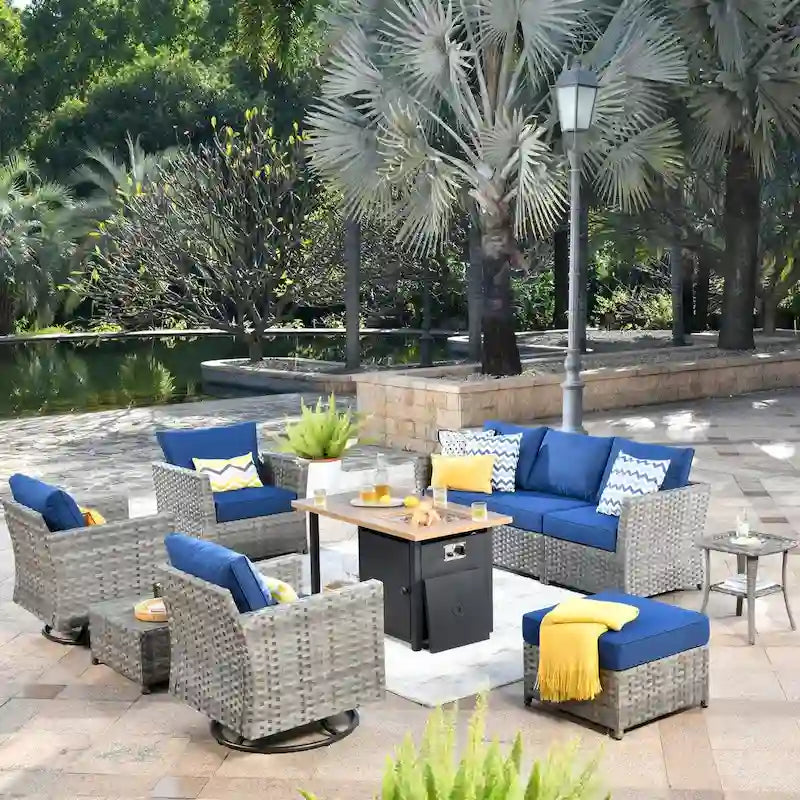 Ensemble de mobilier de patio extérieur XIZZI 10 pièces en rotin tressé avec foyer