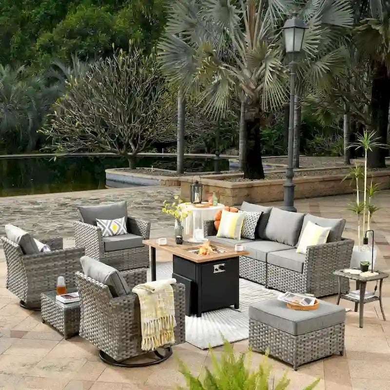Ensemble de mobilier de patio extérieur XIZZI 10 pièces en rotin tressé avec foyer