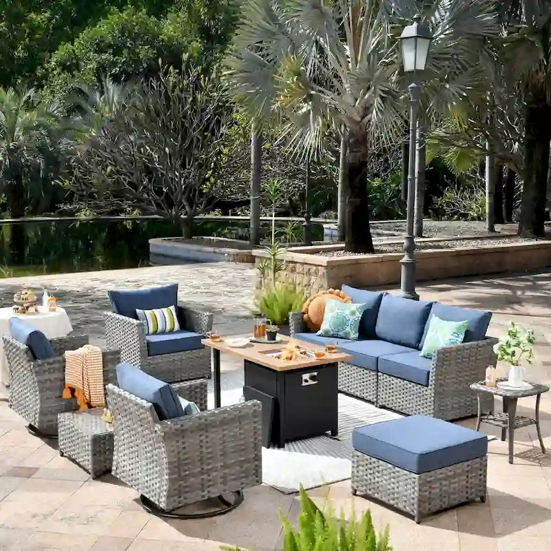 Ensemble de mobilier de patio extérieur XIZZI 10 pièces en rotin tressé avec foyer