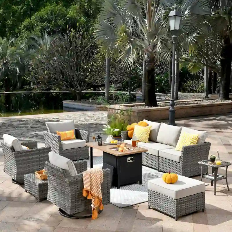 Ensemble de mobilier de patio extérieur XIZZI 10 pièces en rotin tressé avec foyer