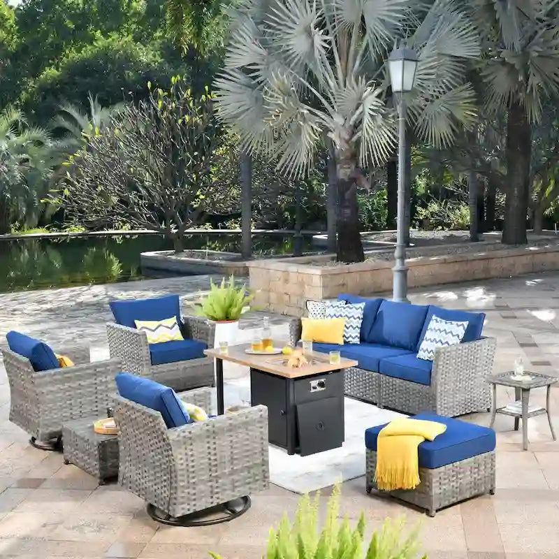 Ensemble de mobilier de patio extérieur XIZZI 10 pièces en rotin tressé avec foyer