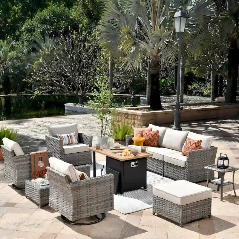 Ensemble de mobilier de patio extérieur XIZZI 10 pièces en rotin tressé avec foyer