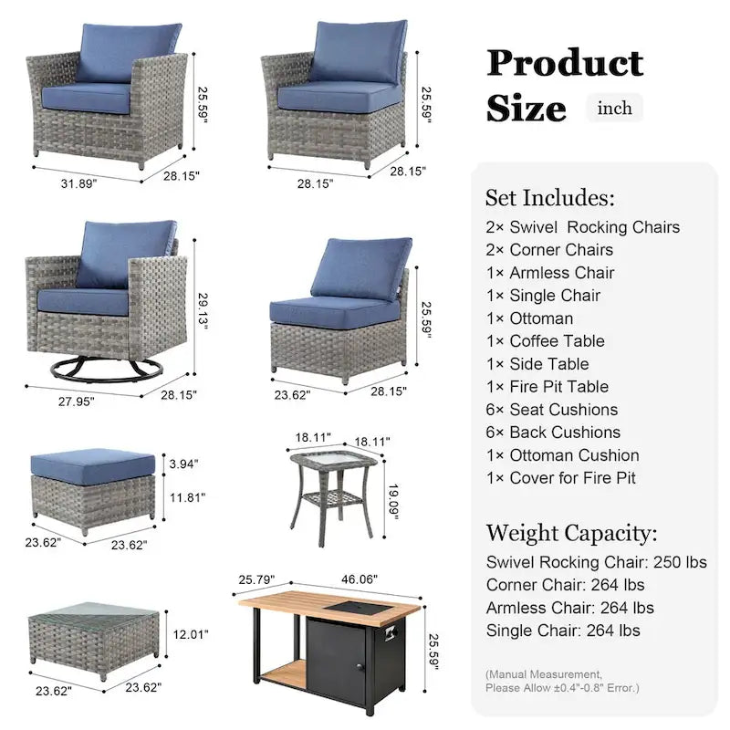 Ensemble de mobilier de patio extérieur XIZZI 10 pièces en rotin tressé avec foyer