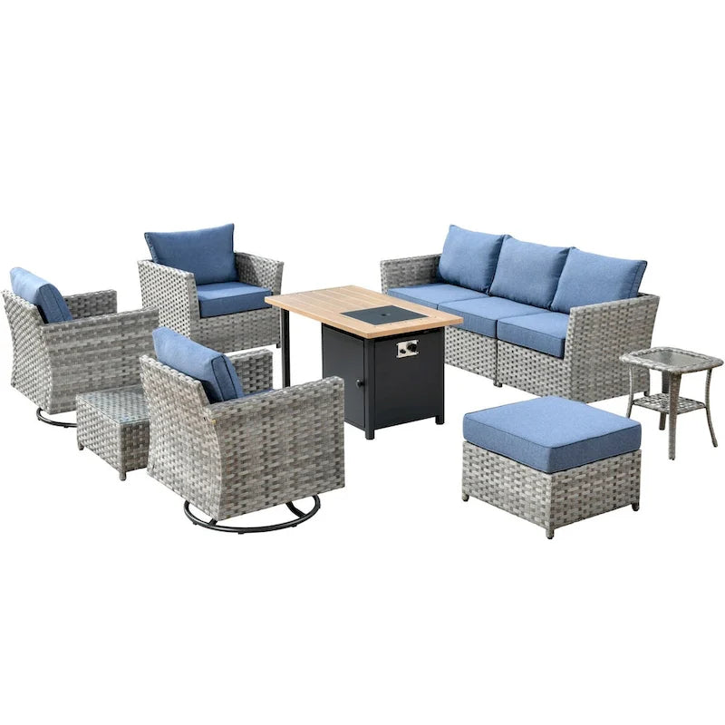 Ensemble de mobilier de patio extérieur XIZZI 10 pièces en rotin tressé avec foyer