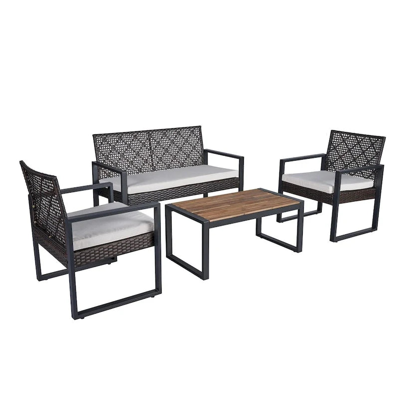 Ensemble de mobilier de patio 4 pièces pour balcon, véranda, jardin, cour et pelouse : plateau de table en bois d'acacia, coussins marron et beige