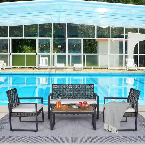 Ensemble de mobilier de patio 4 pièces pour balcon, véranda, jardin, cour et pelouse : plateau de table en bois d'acacia, coussins marron et beige