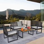 Ensemble de mobilier de patio 4 pièces pour balcon, véranda, jardin, cour et pelouse : plateau de table en bois d'acacia, coussins marron et beige
